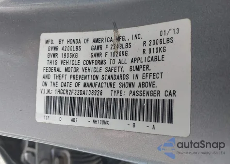 2013 Honda Accord Lx z USA, uszkodzony, nr VIN 1HGCR2F32DA108928